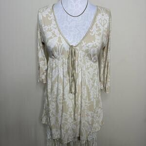 Vintage Y2k Express Cream & Tan Floral Print Tie-Front Top Sz S